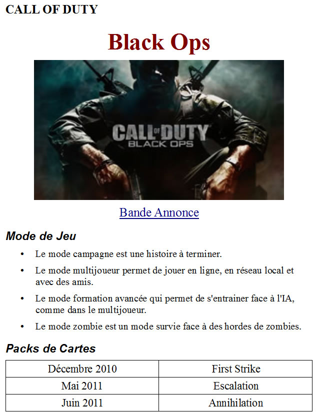 La fiche à reproduire en HTML et en CSS Fiche jeu black ops à reporduire en HTML et en CSS