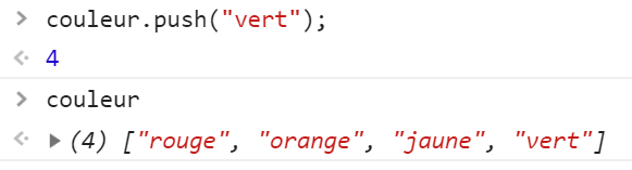 Exemple sur la console d'un appel à la méthode push()