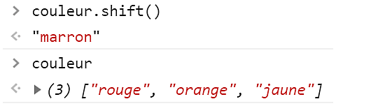 Exemple sur la console d'un appel à la méthode shift()