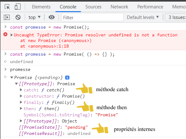 Qu'est ce qu'on trouve dans un objet constructeur Promise