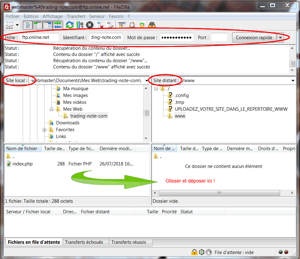 Premier envoi avec Filezilla