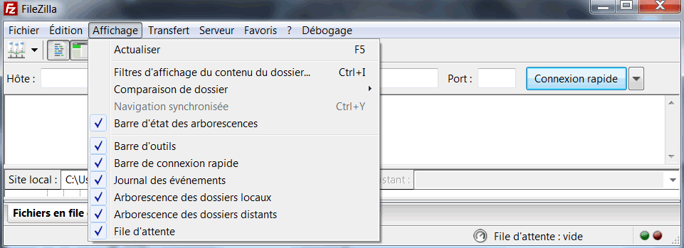 Menu Affichage de Filezilla