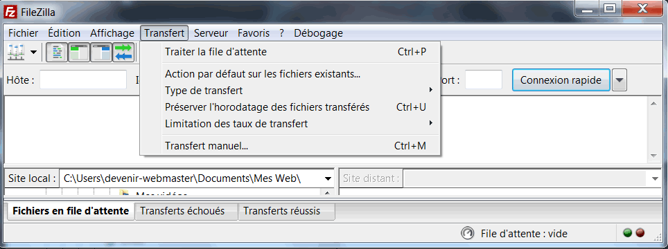 Menu Transfert de Filezilla