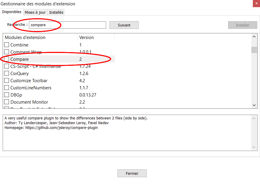 Recherche du plugin compare