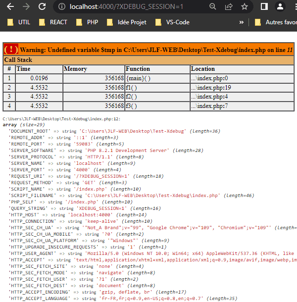 Résultat de l'exécution avec surcharge var_dump et stack par Xdebug 3