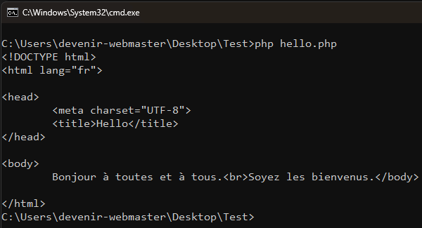 Résultat de l'exécution de PHP en ligne de commande.