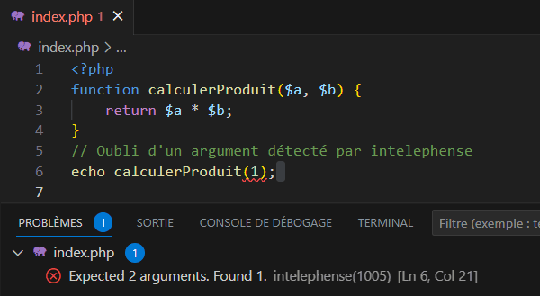 Pas assez d'arguments alors erreur intelephense.