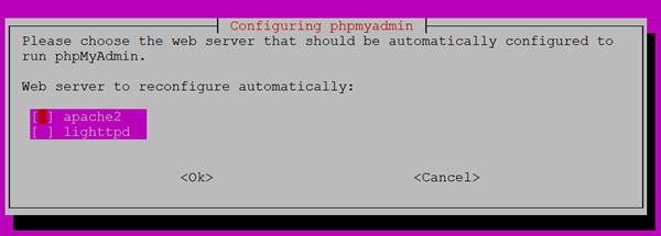 Installation phpmyadmin. Choix du serveur.